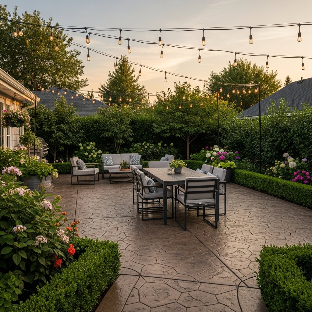 Backyard concrete patio with outdoor furniture