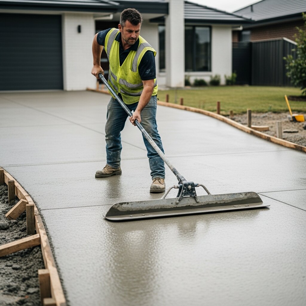 Concrete contractor finishing a residential driveway