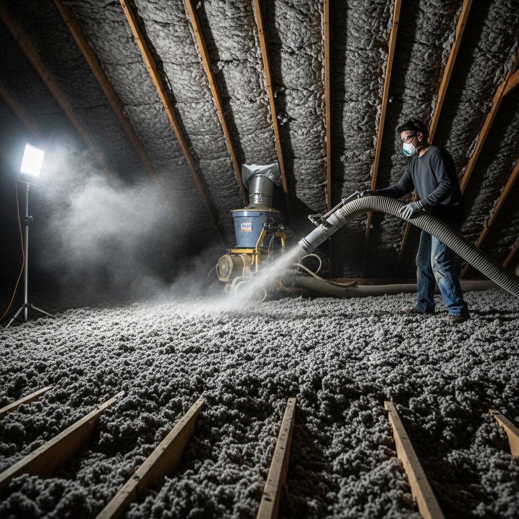 Blown-in insulation being installed in an attic